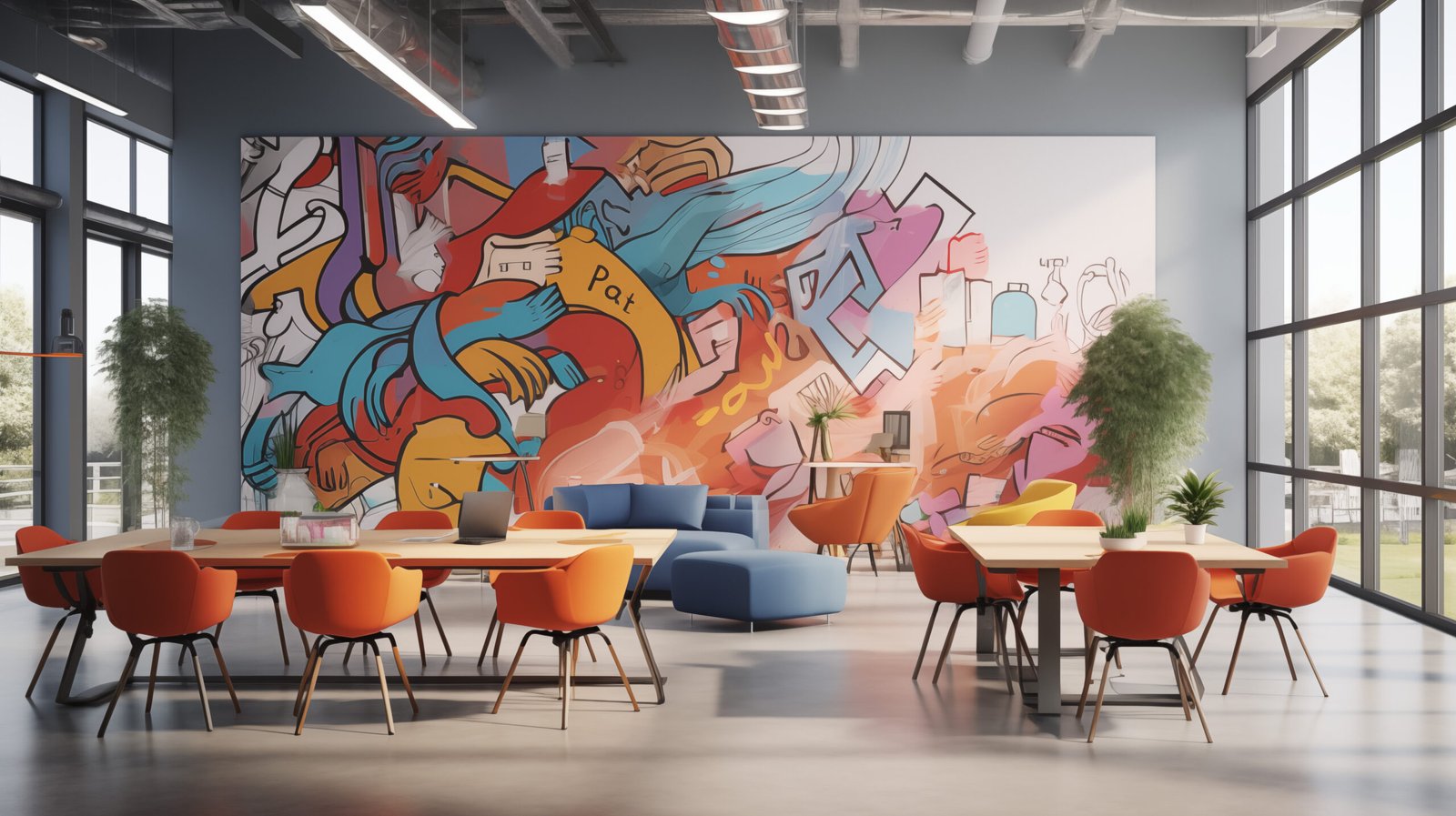 A vibrant graffiti mural in an open office enhances creativity, featuring abstract shapes, modern furniture, and natural light for an energetic atmosphere. Example of a mural in a space